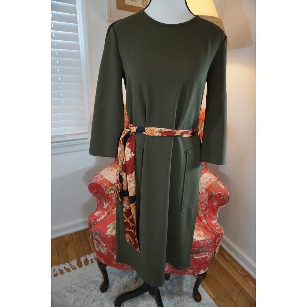 Zara Olive Green Midi Dress with Satin Scarf Belt - Size S